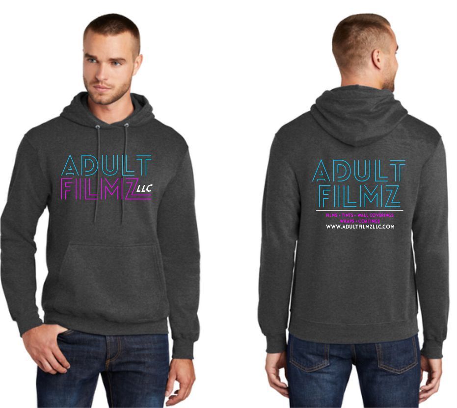 A man is wearing a hoodie that says adult filmz on it