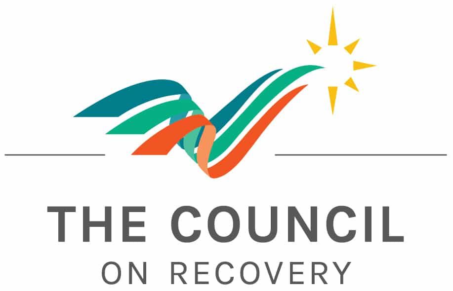 Logo of The Council on Recovery: a stylized wing-like shape in teal, green, orange, and white, with a sunburst at the top right.