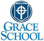 Grace School logo: Blue shield with a Celtic cross inside a blue circle, above