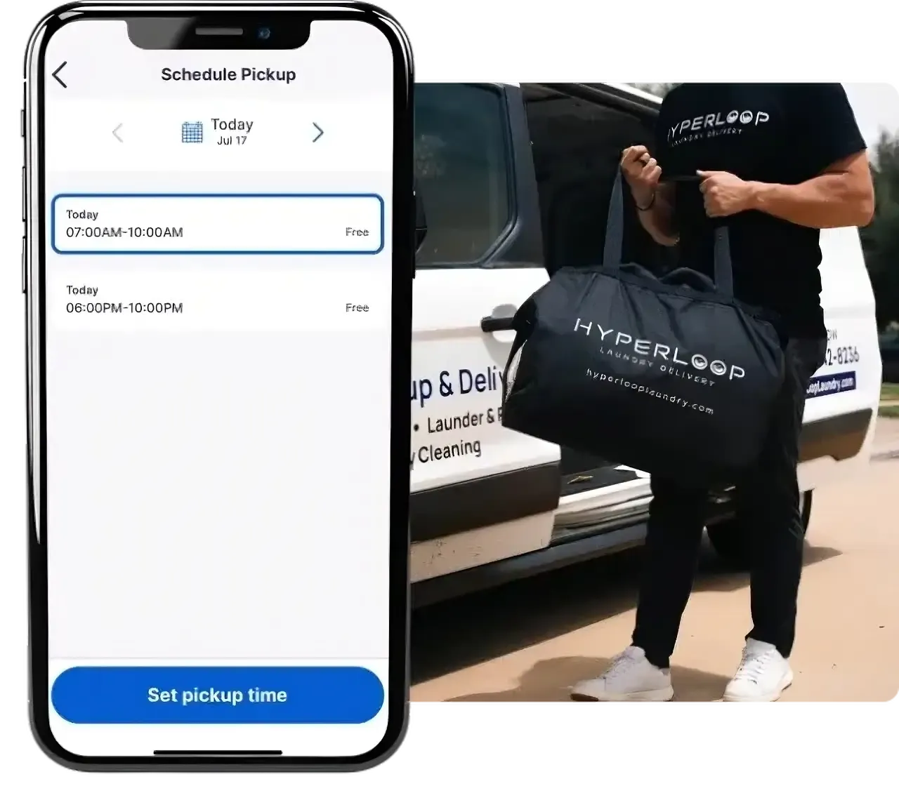 Smartphone app scheduling laundry pickup. Man with black bag by car.