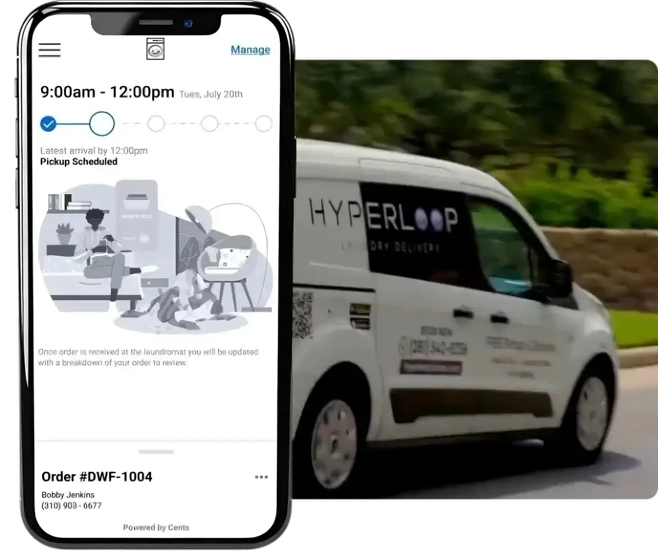Mobile phone app with laundry delivery tracking next to a white van with
