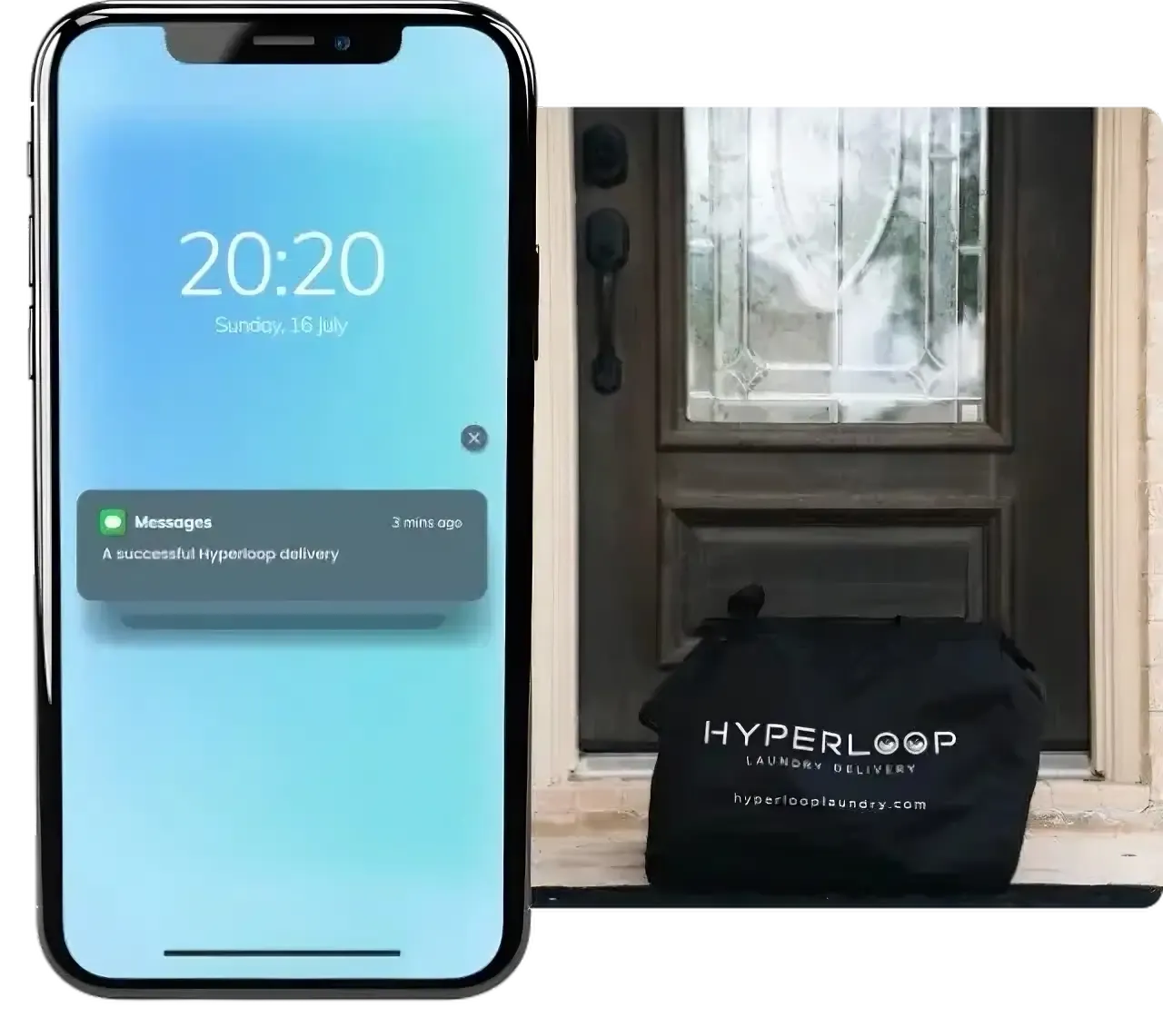 Smartphone with notification about a Hyperloop delivery and black bag on a doorstep.