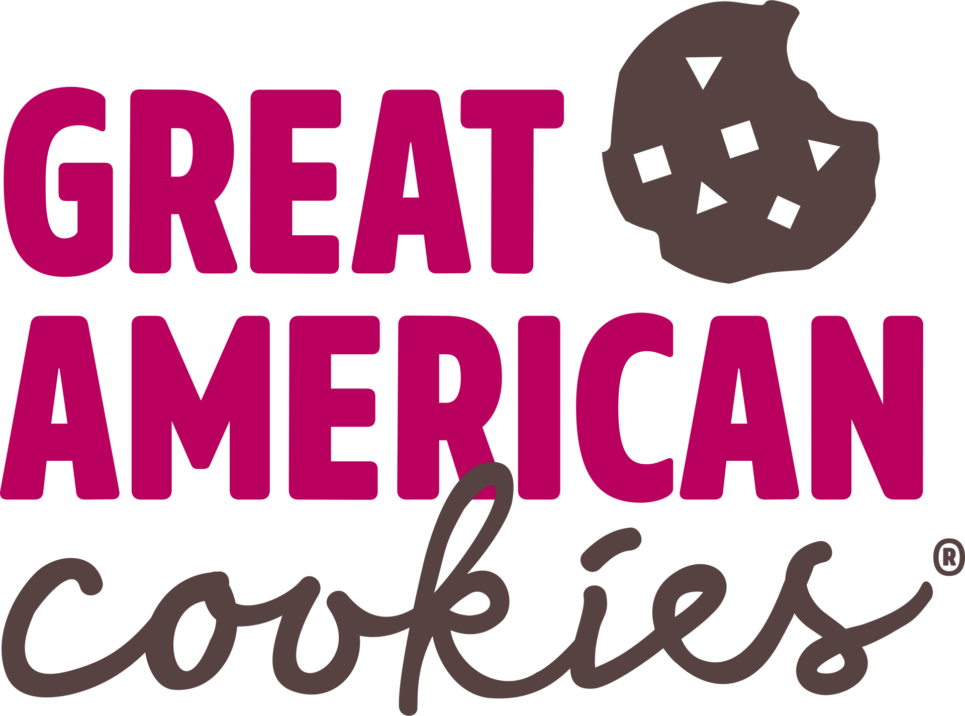Great American Cookies logo with text and a bitten cookie graphic, maroon and brown.