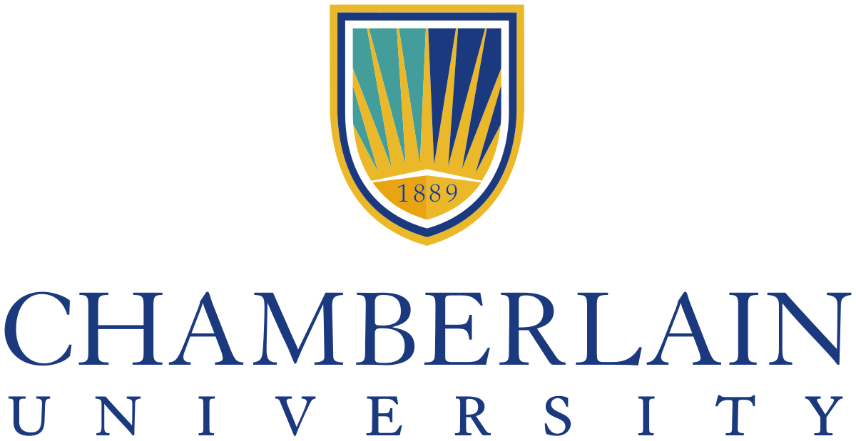Chamberlain University logo: a gold, blue, and green crest with sun rays, over the university's name.