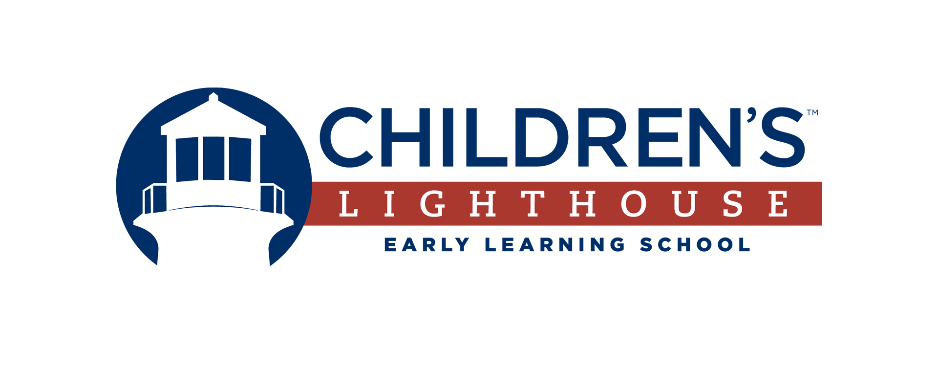 Logo for Children's Lighthouse Early Learning School: blue circle with white lighthouse, red banner
