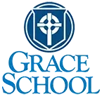 Grace School logo: Blue shield with a cross, above