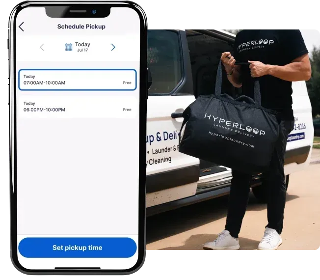 A person holding a bag from Hyperloop Laundry & Delivery next to a car, showing the app for scheduling a pickup.