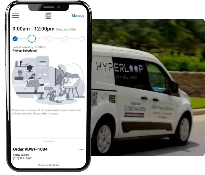 Mobile app showing scheduled pickup for laundry service; van labeled