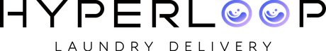 Logo for Hyperloop Laundry Delivery, black text, with two blue and purple wave-shaped icons.