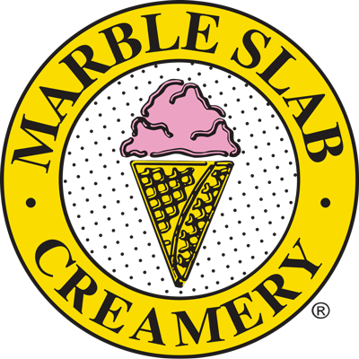 Logo for Marble Slab Creamery: Yellow circle with text, ice cream cone and pink ice cream.