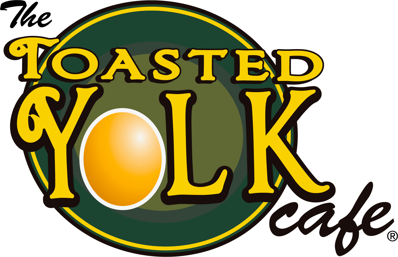 Logo for The Toasted Yolk Cafe, featuring a yellow yolk inside the letter
