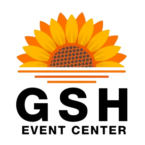 Logo for GSH Event Center: Sunflower above lines, black letters GSH,