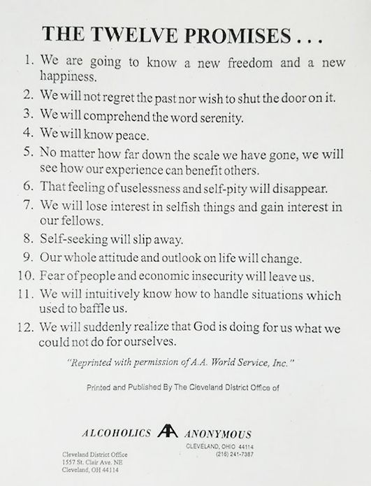Text poster titled “The Twelve Promises” by Alcoholics Anonymous on a light background.