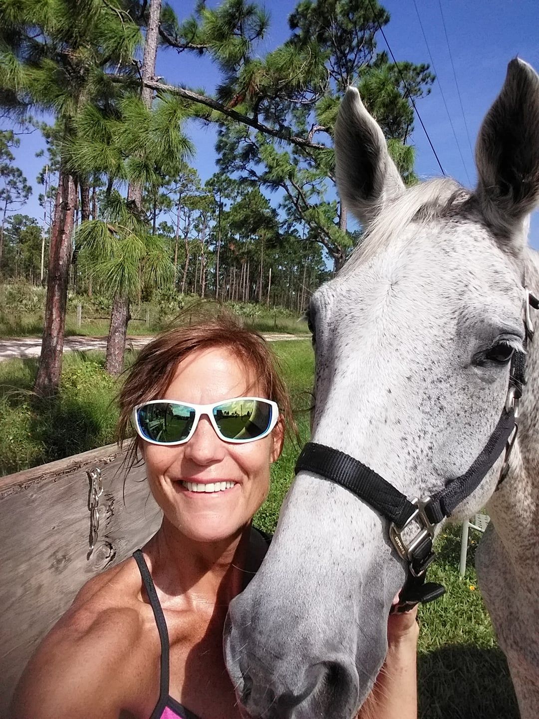 Smiling person in sunglasses taking a selfie with a gray horse on a wooded trail