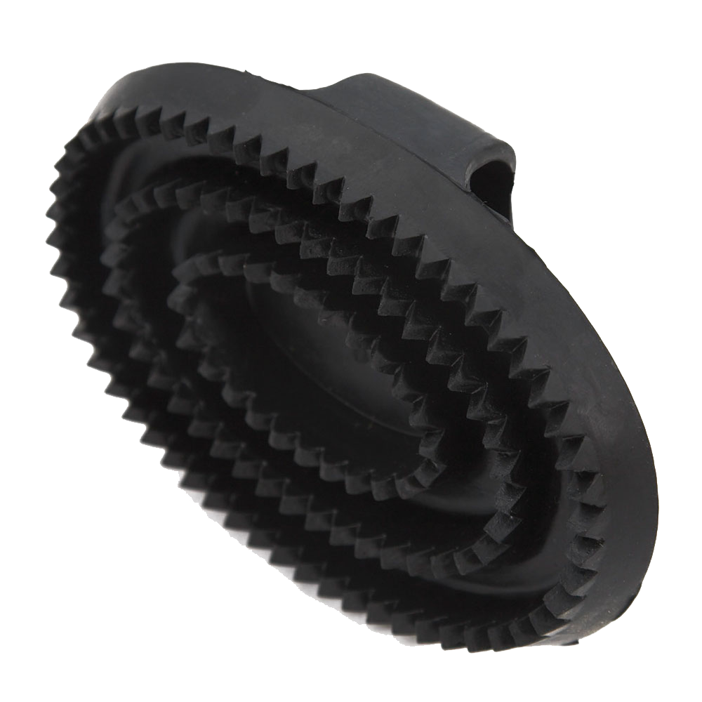Black round plastic brush attachment with serrated bristles, shown on a white background