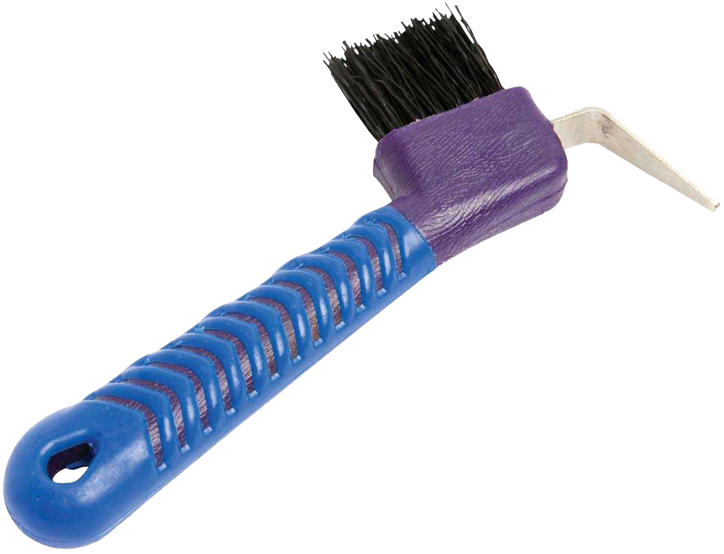 Blue-handled brush with black bristles and a purple grip, attached to a small angled metal pick.
