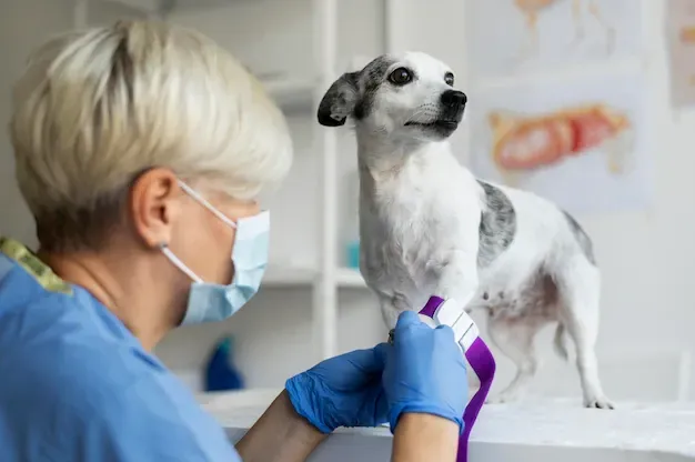 Un veterinario está midiendo la cintura de un perro con una cinta métrica.