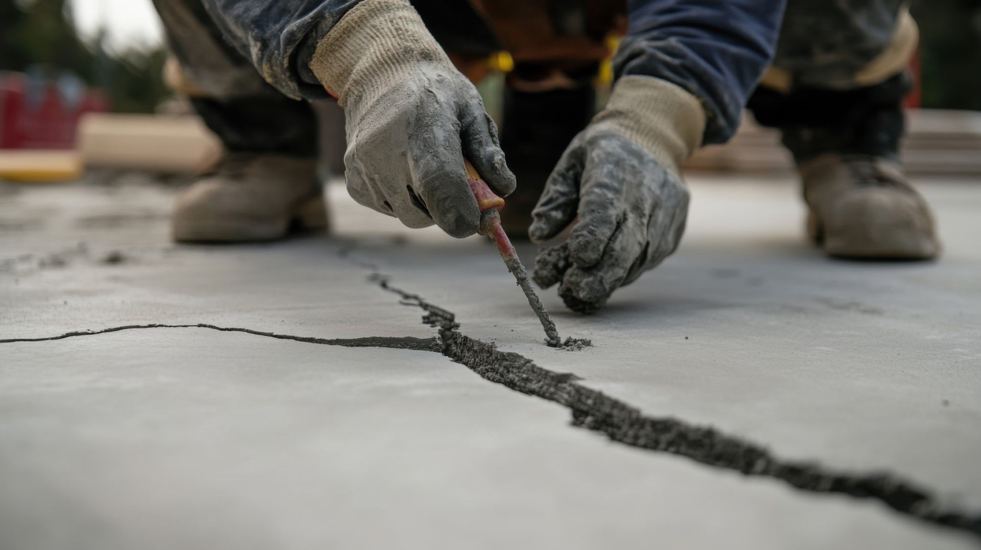 Person kneeling, using a tool to repair a crack in concrete. Gray work gloves, boots.