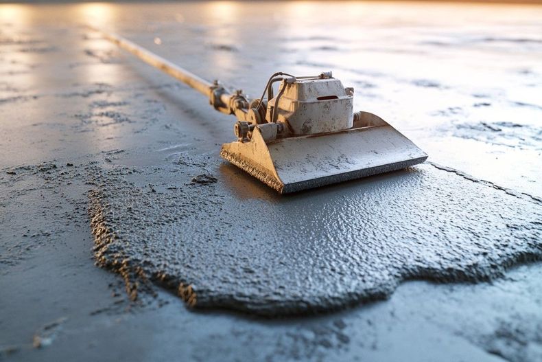 Concrete being leveled with a screed tool on a floor.