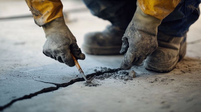 Construction worker inspecting a crack in concrete, wearing gloves and work boots.
