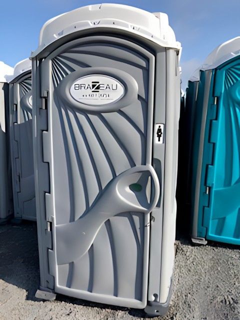 A gray and white portable toilet. Brazeau Sanitation
