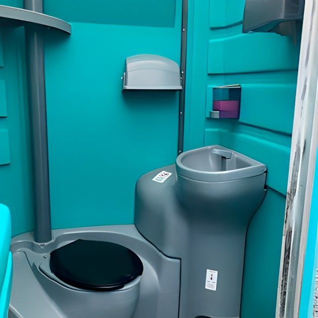 A portable toilet with a sink and toilet in it. Brazeau Sanitation