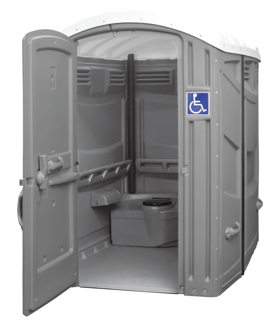 A portable toilet with a handicap sign on the door. Brazeau Sanitation