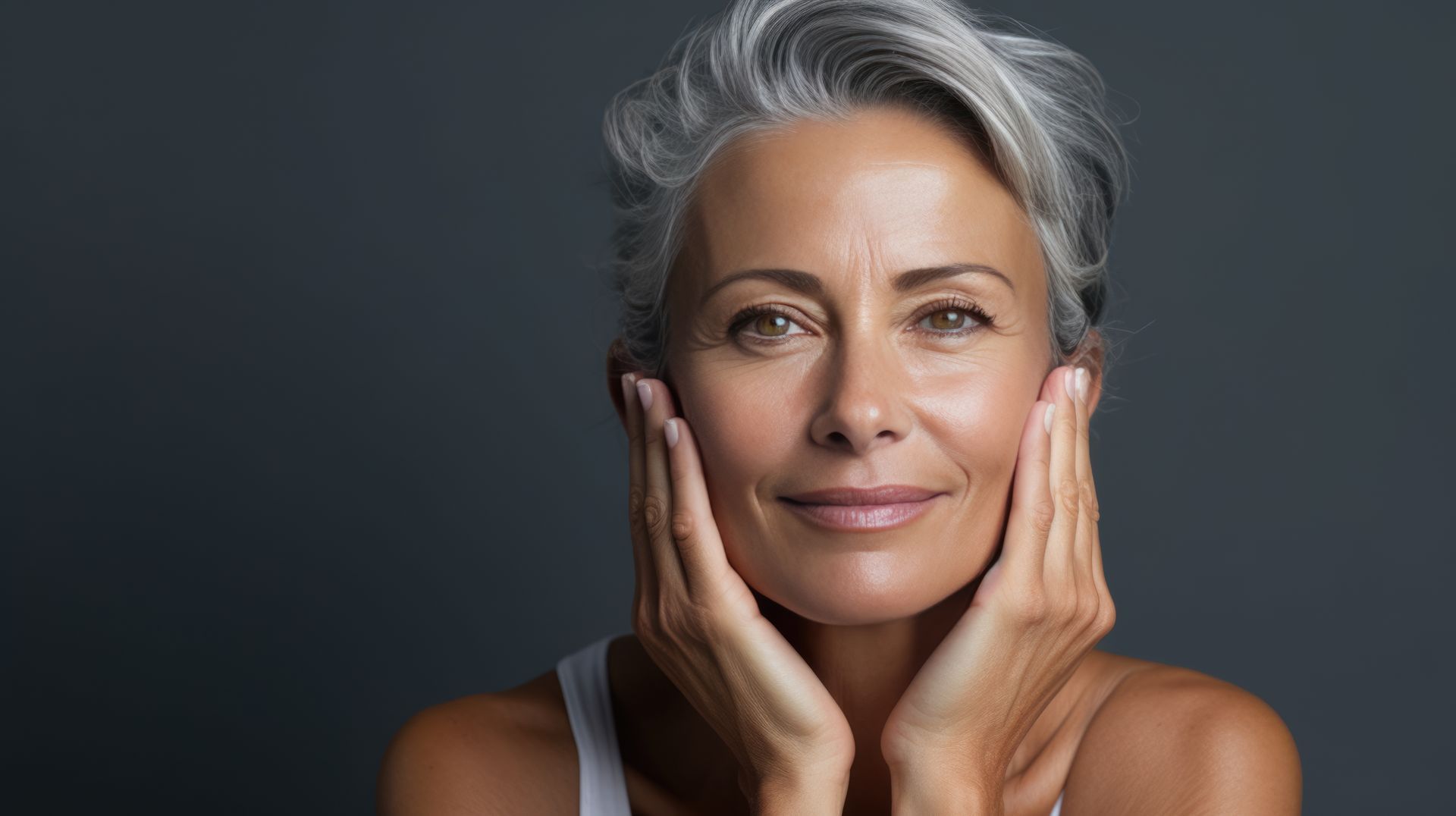 A woman with gray hair is smiling and touching her face with her hands.