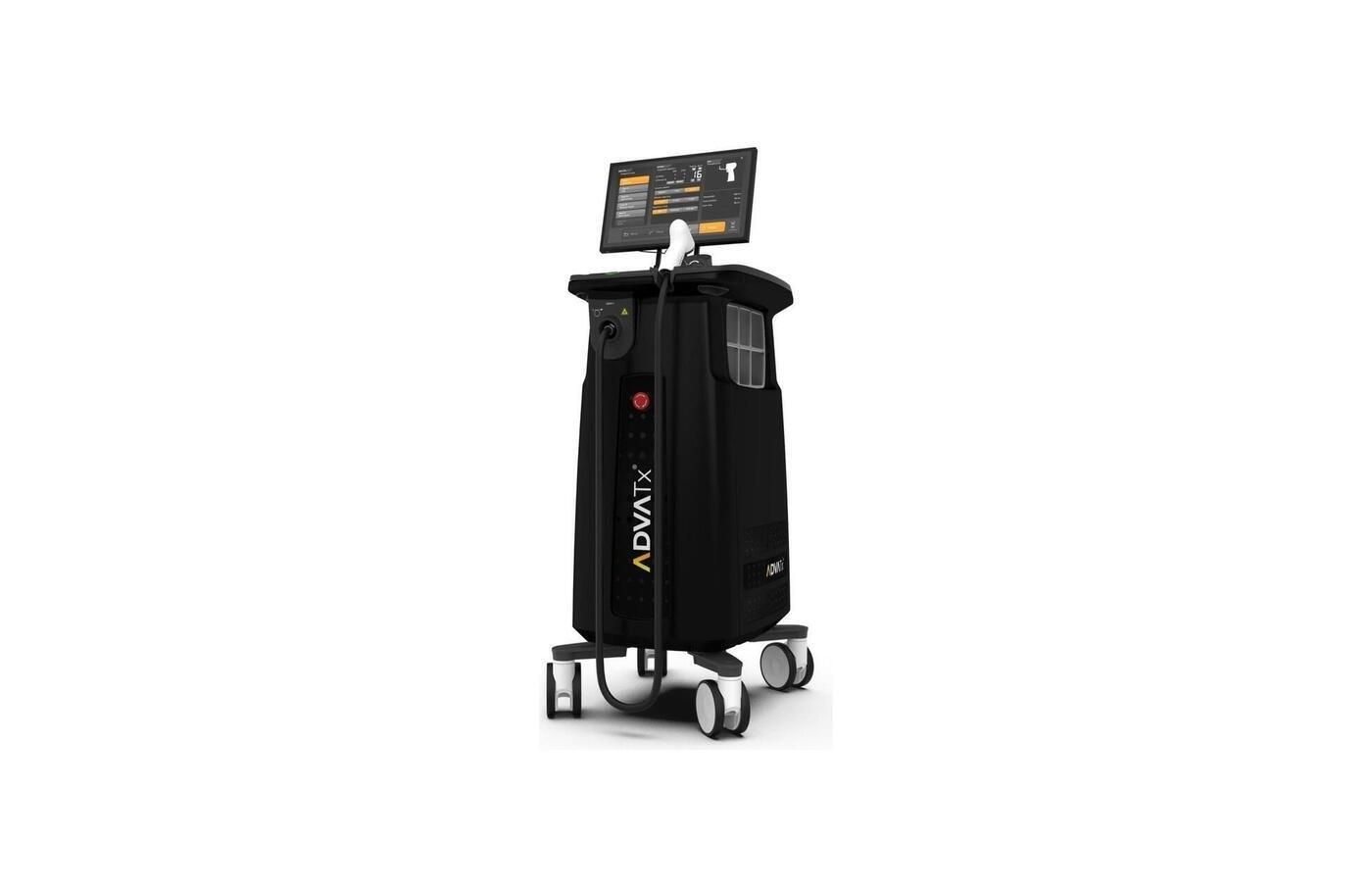 A black machine is sitting on a cart on a white background.