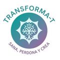 Logotipo circular con degradado turquesa y lila y un copo de nieve; texto «TRANSFORMA-T» y «SANA, PERDONA Y CREA»