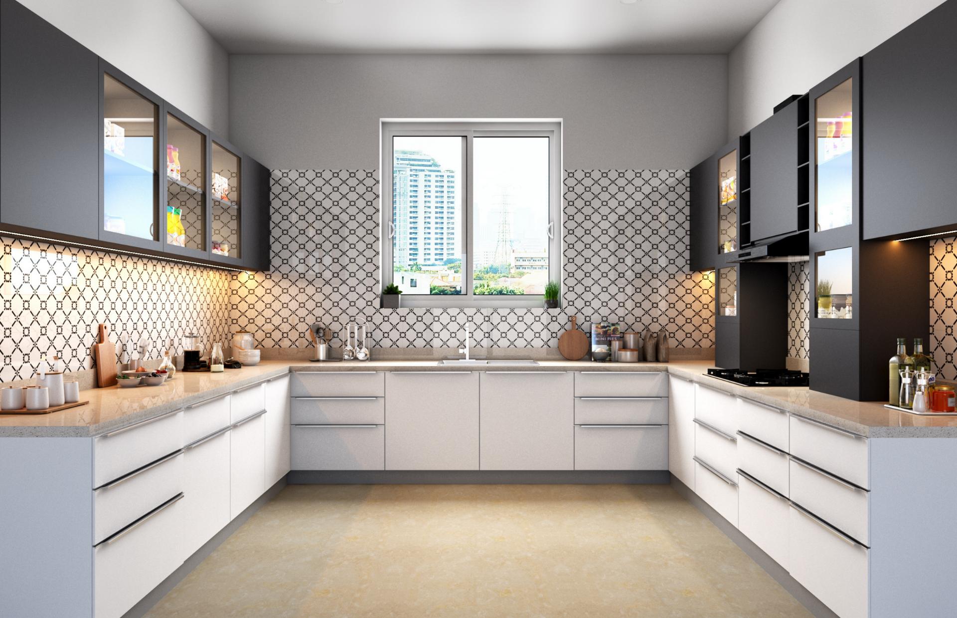 A kitchen with black and white cabinets and a large window.