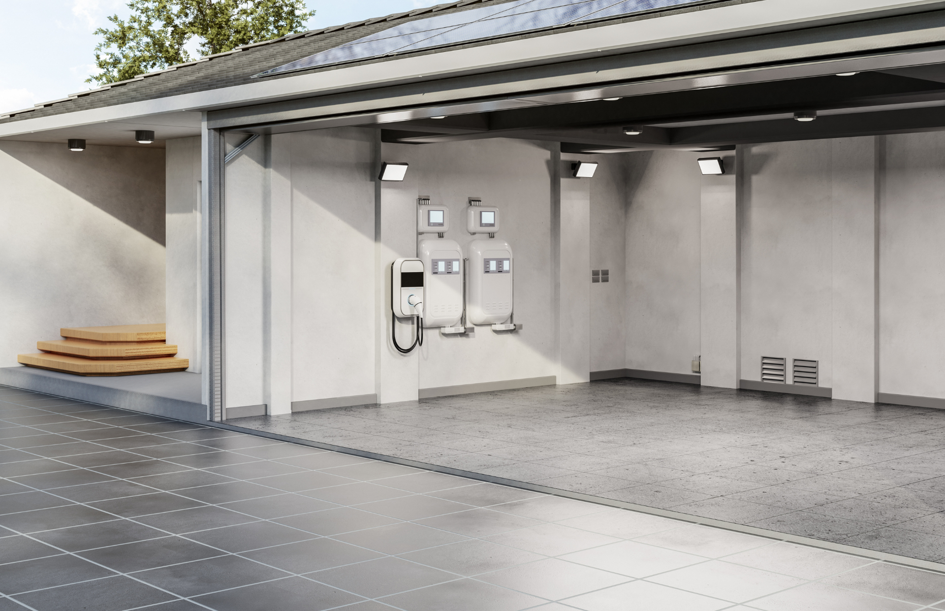 A rendering of a garage with solar panels on the roof.