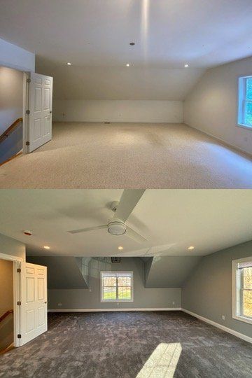 A before and after photo of a room with a ceiling fan
