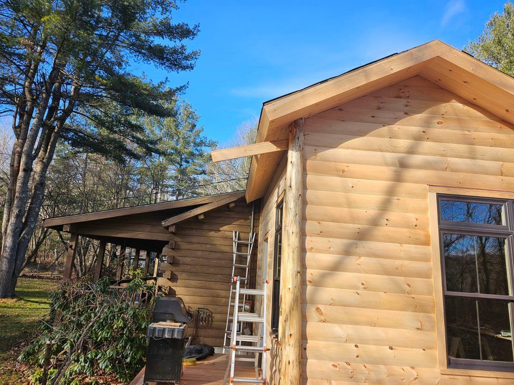 A log cabin with a ladder on the side of it.