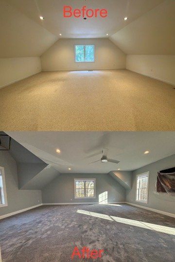 A before and after photo of a room with a ceiling fan
