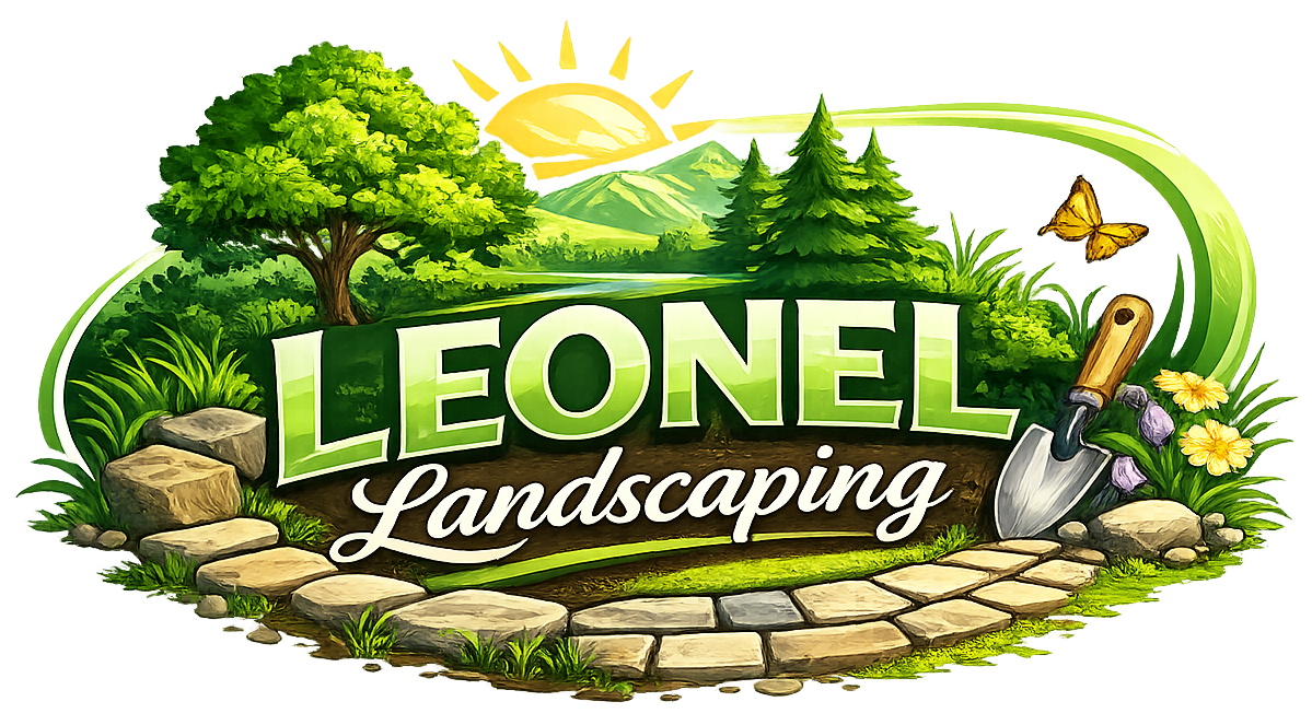 Logo for Leonel Landscaping featuring a sunny landscape, tree, stone path, garden trowel, and butterfly.