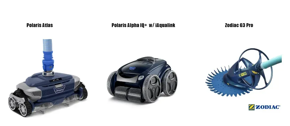 Three different types of pool cleaners are shown on a white background.