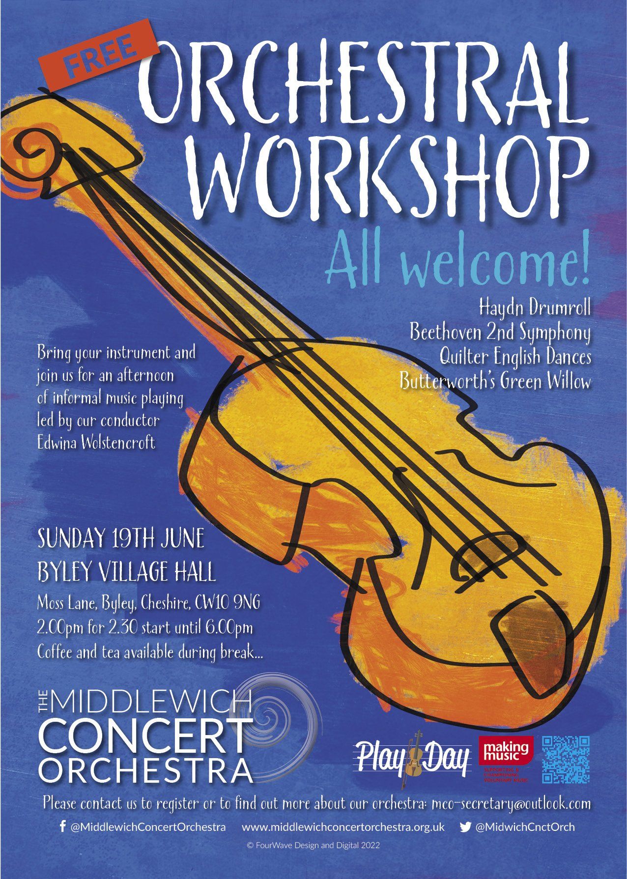 A poster promoting an orchestral workshop by Middlewich Concert orchestra in the summer of 2023 © FourWave Design and Digital