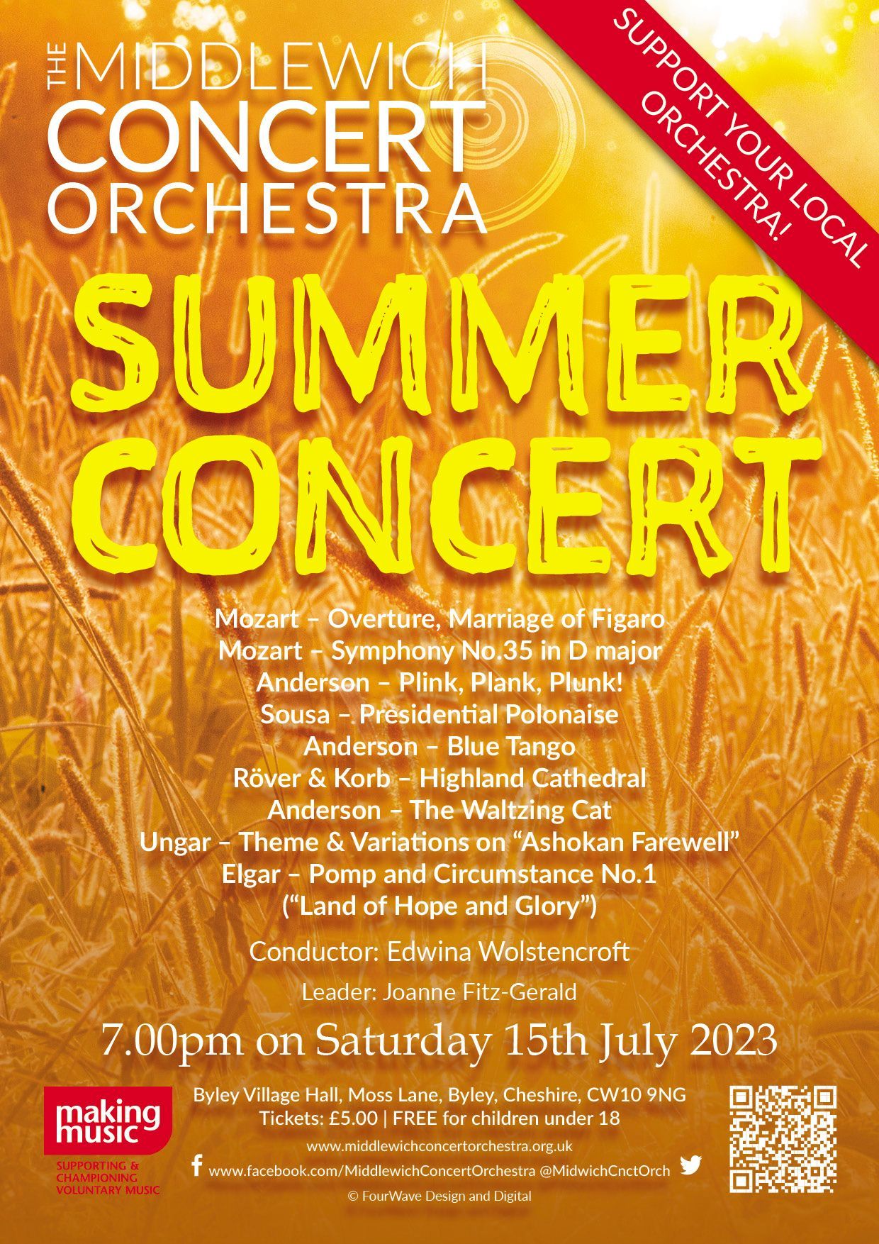A poster promoting the Middlewich Concert orchestra Summer performance 2023 ©Jac Lee of FourWave Design and Digital