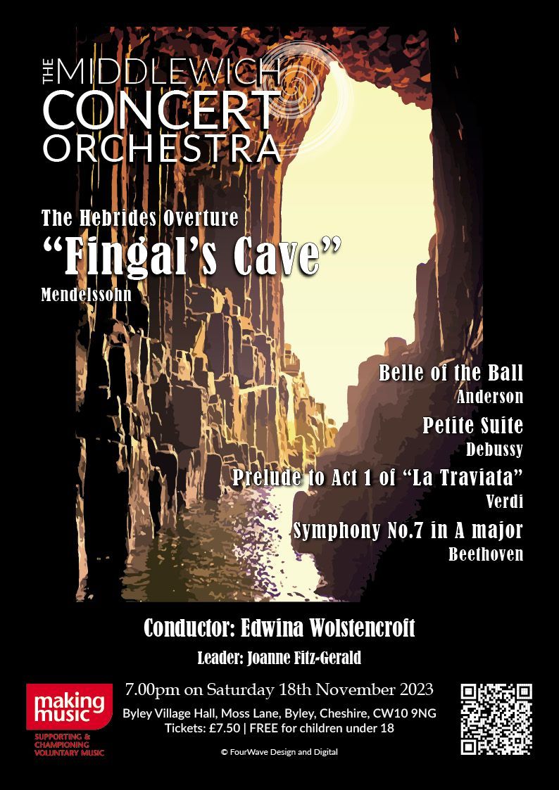 A poster promoting the Middlewich Concert orchestra performance of Autumn 2023 ©Jac Lee of FourWave Design and Digital