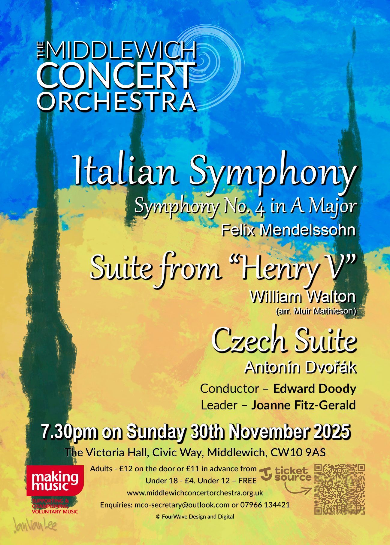 A poster promoting the Middlewich Concert orchestra performance of Autumn 2025 ©Jac Lee of FourWave Design and Digital