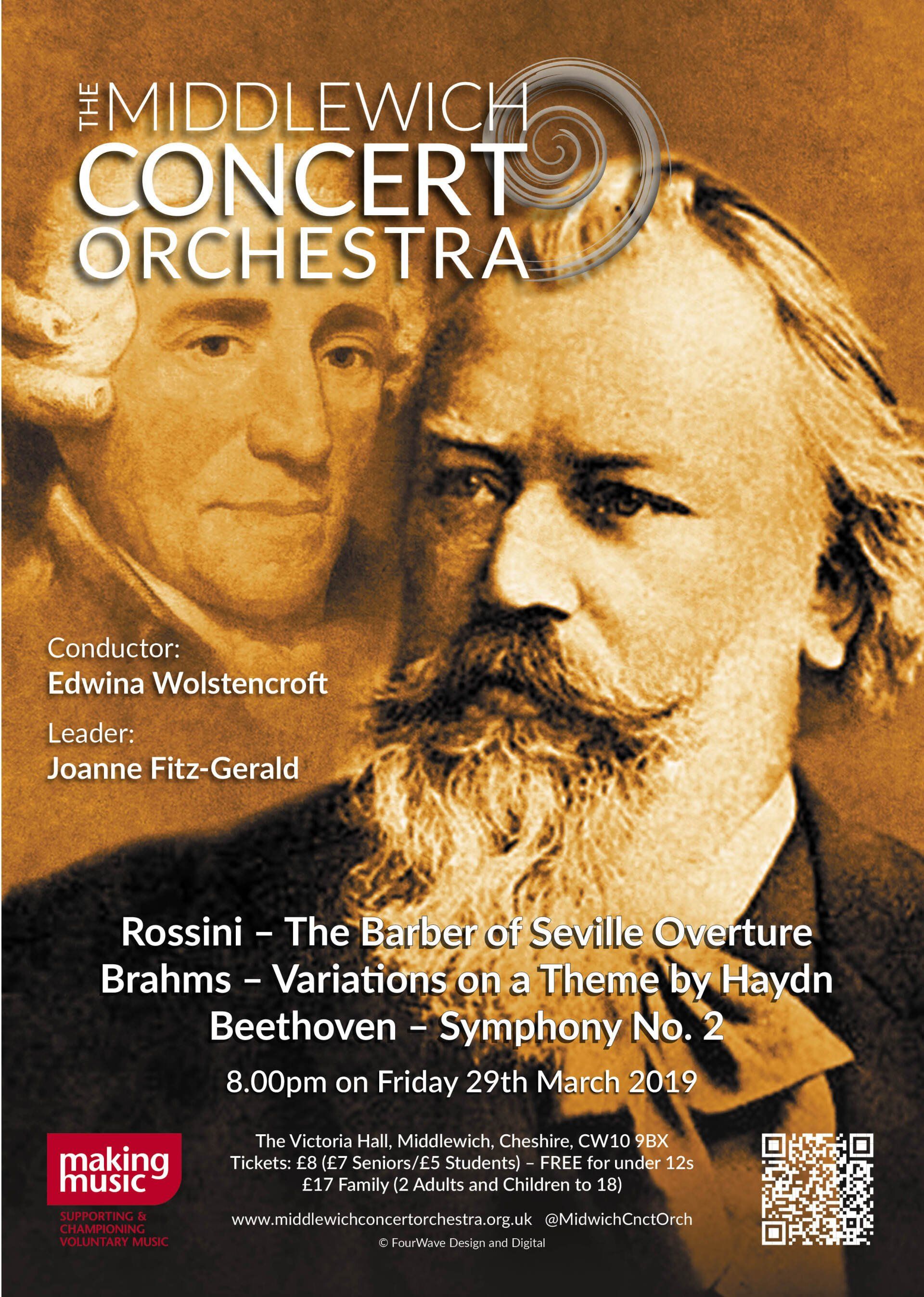 A poster promoting the Middlewich Concert orchestra performance of Spring 2019 by ©Jac Lee of FourWave Design and Digital