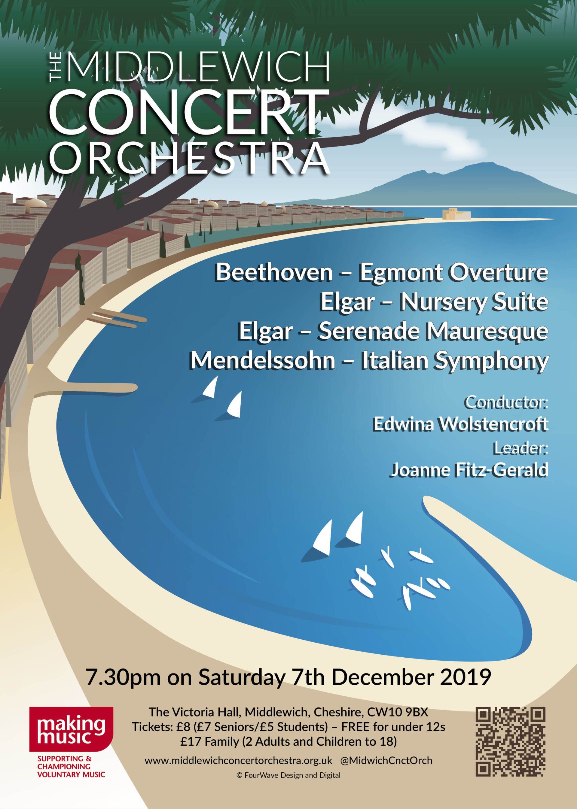 A poster promoting the Middlewich Concert orchestra performance of Winter 2019 by ©Jac Lee of FourWave Design and Digital