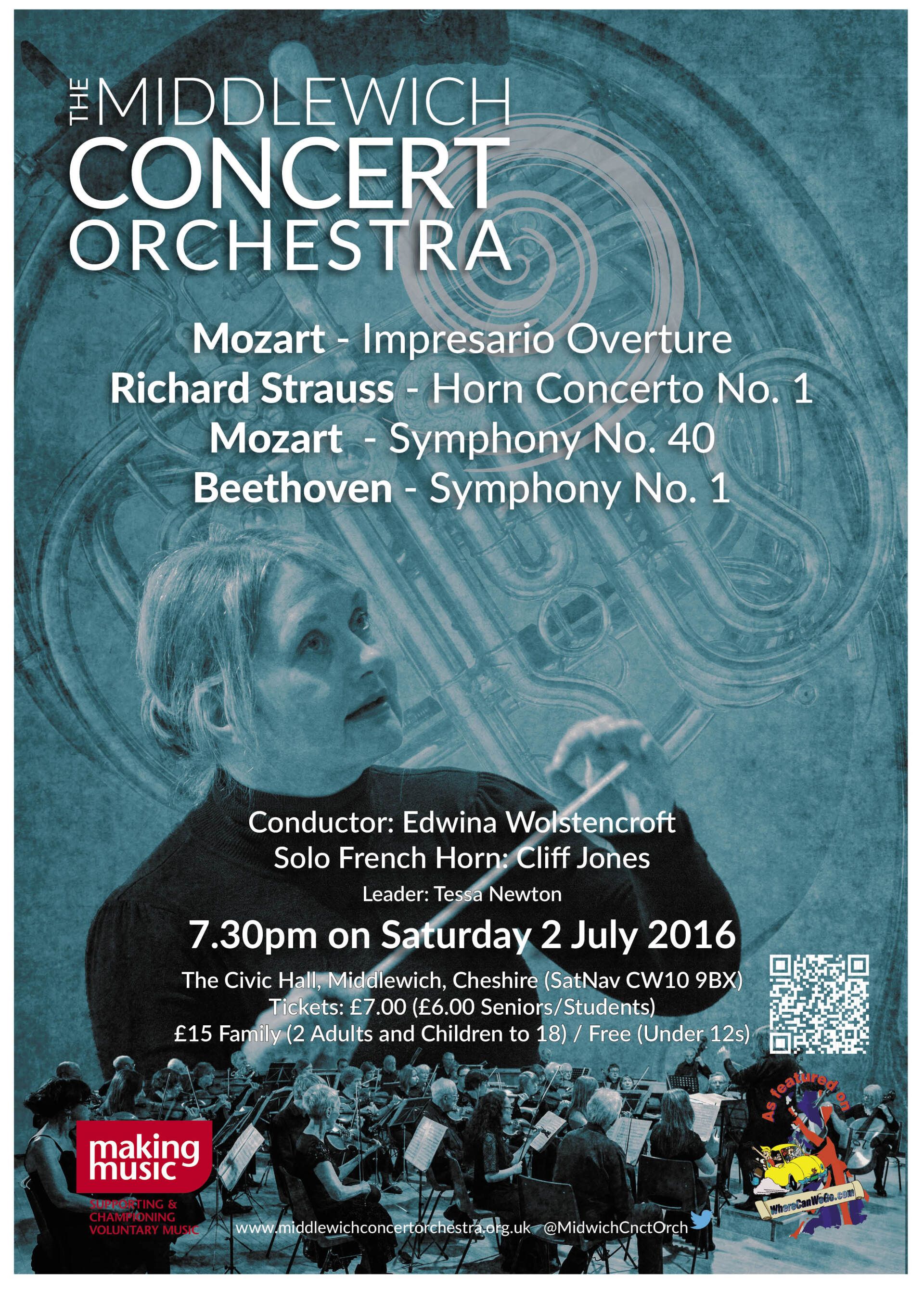 A poster for the Middlewich Concert orchestra performance of Summer 2016 ©Jac Lee of FourWave Design