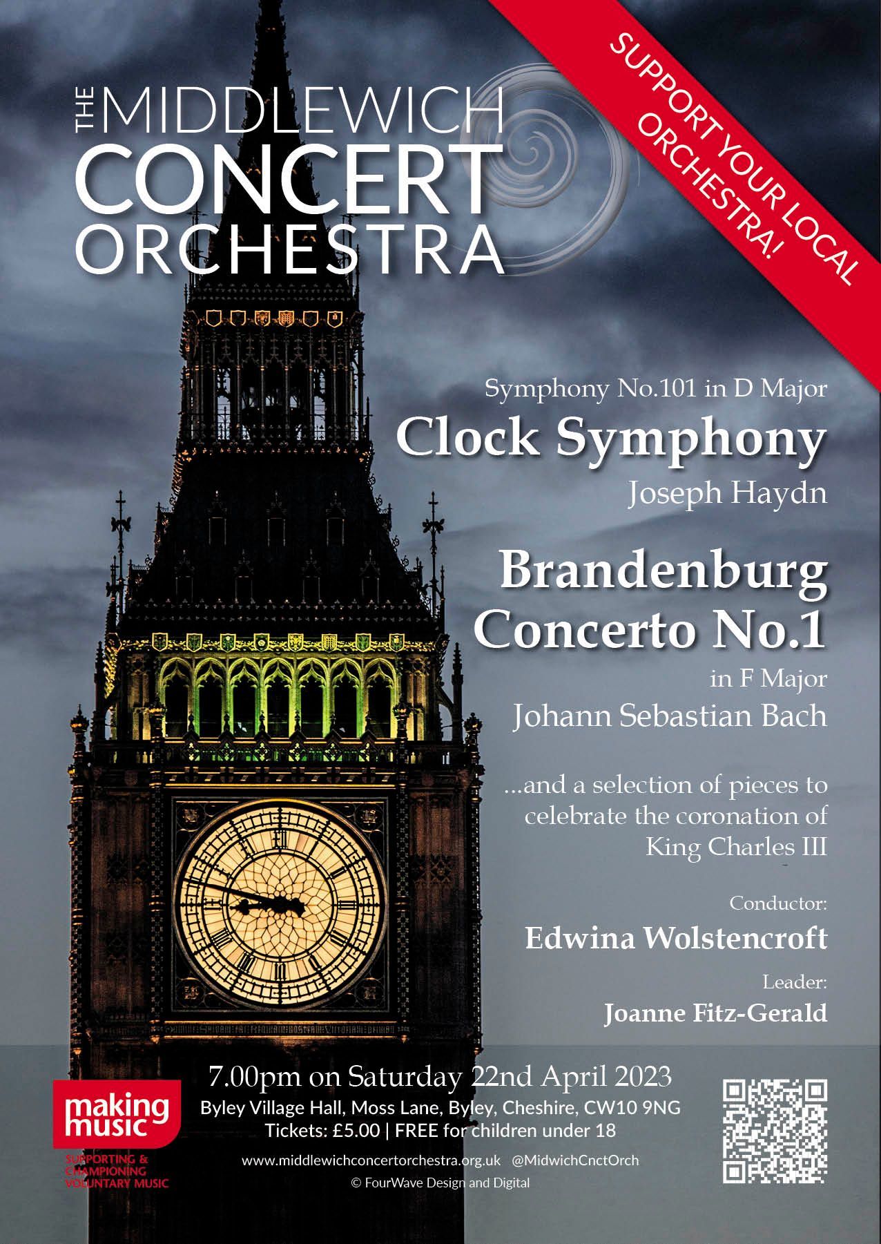 A poster promoting the Middlewich Concert orchestra performance of Spring 2023 ©Jac Lee of FourWave Design and Digital