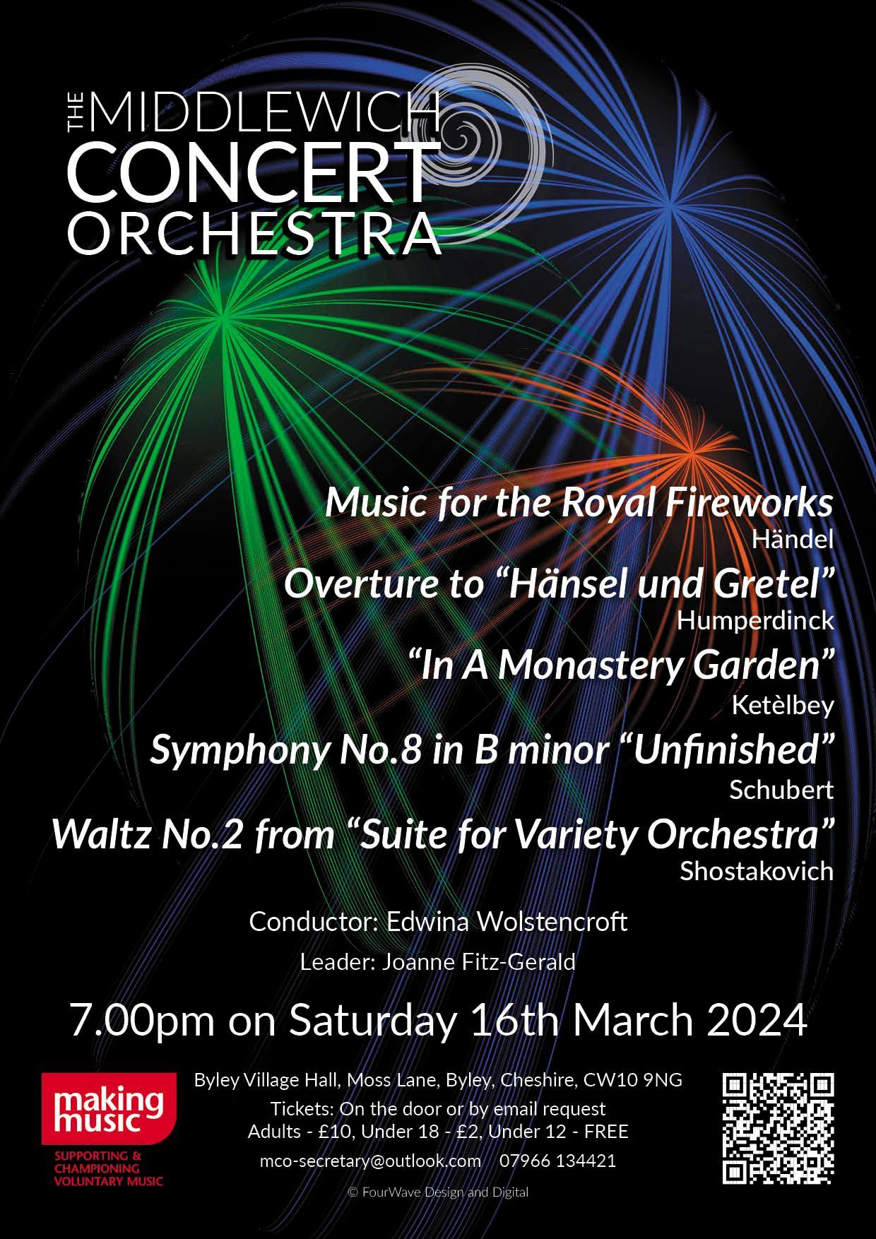 A poster promoting the Middlewich Concert orchestra performance of Spring 2024 ©Jac Lee of FourWave Design and Digital