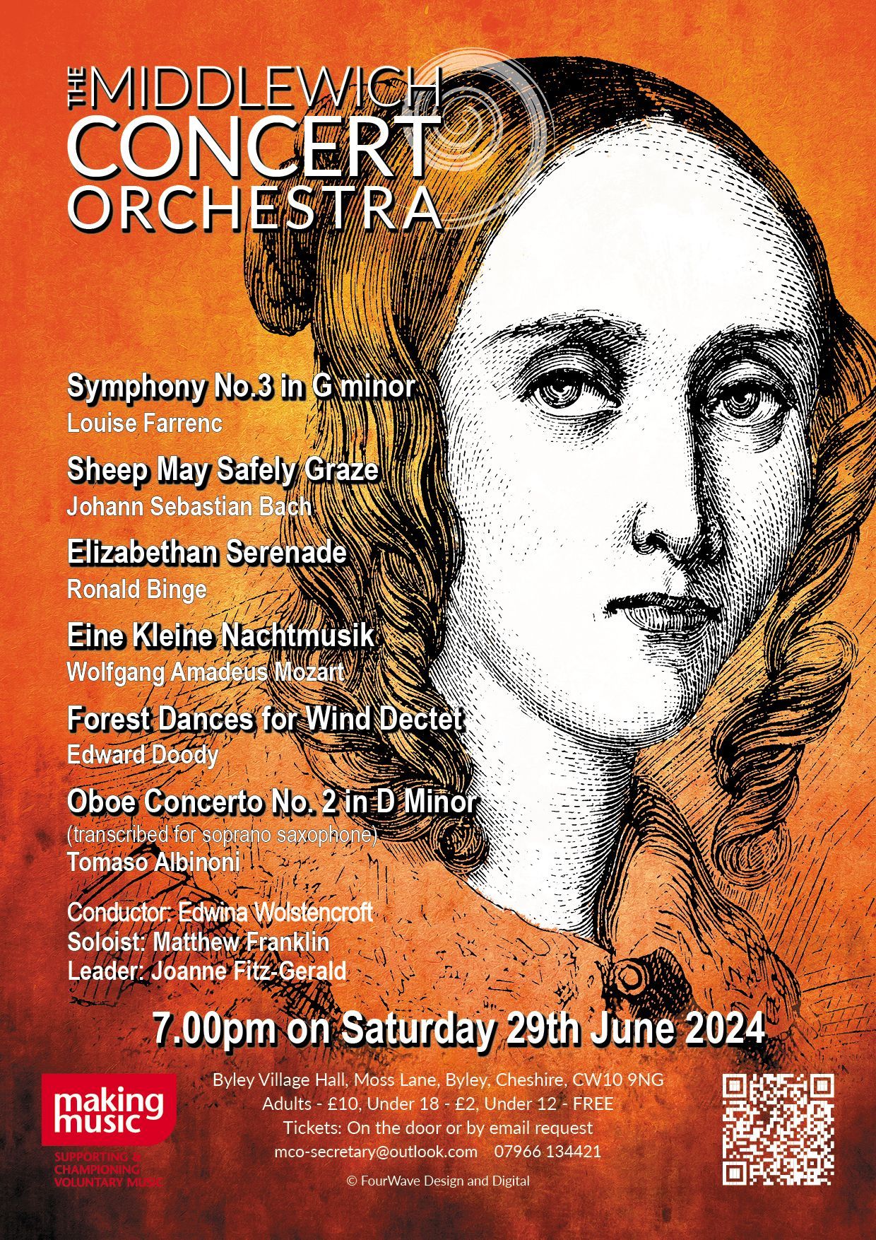 A poster promoting the Middlewich Concert orchestra performance of Summer 2024 ©Jac Lee of FourWave Design and Digital