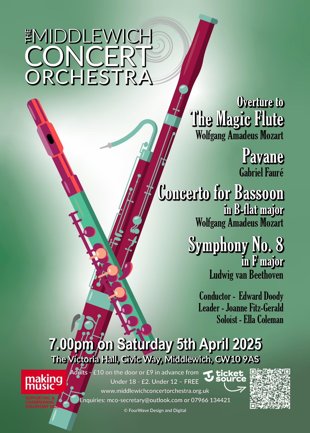 A poster promoting the Middlewich Concert orchestra performance of Spring 2025 ©Jac Lee of FourWave Design and Digital