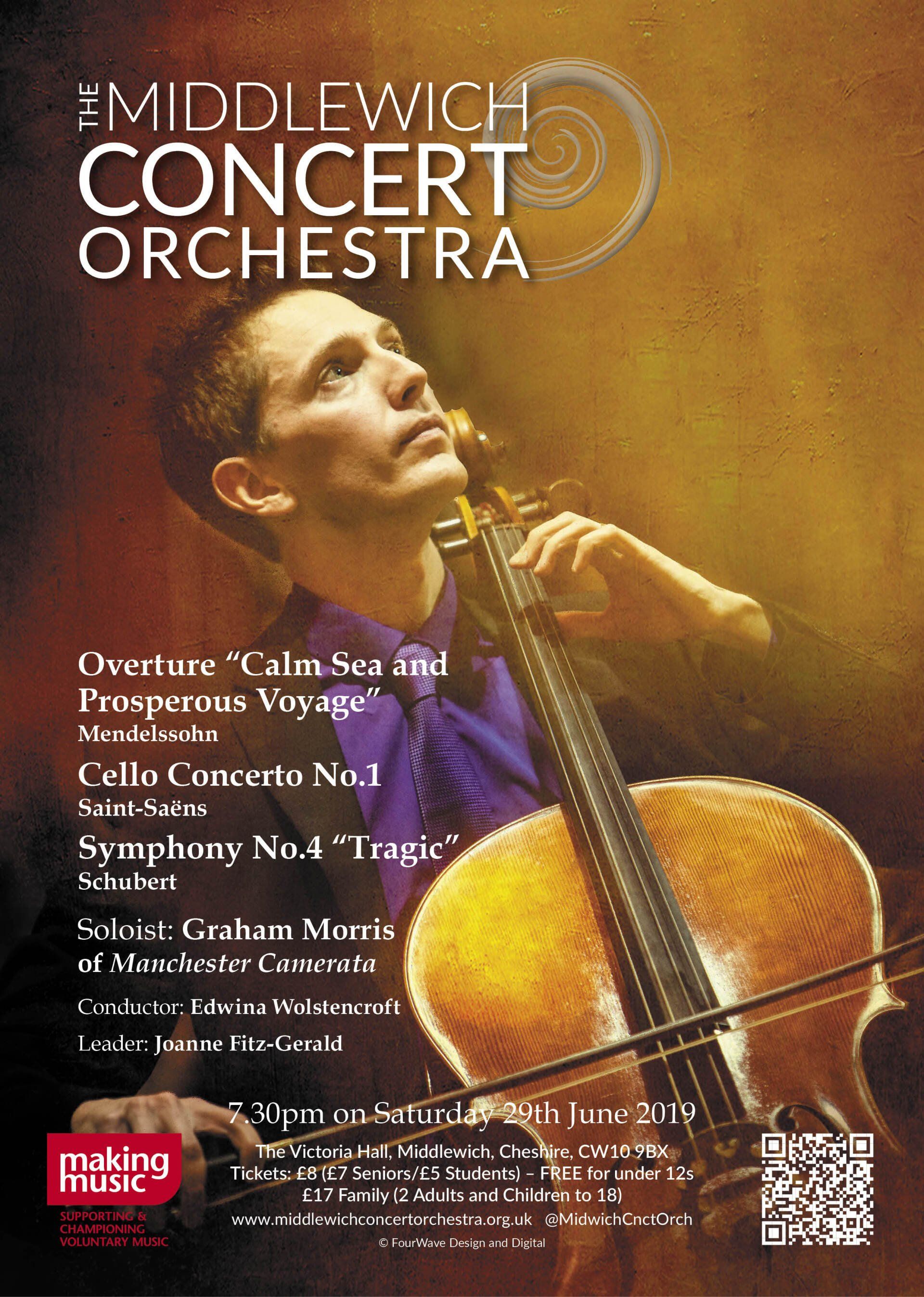 A poster promoting the Middlewich Concert orchestra performance of Summer 2019 by ©Jac Lee of FourWave Design and Digital
