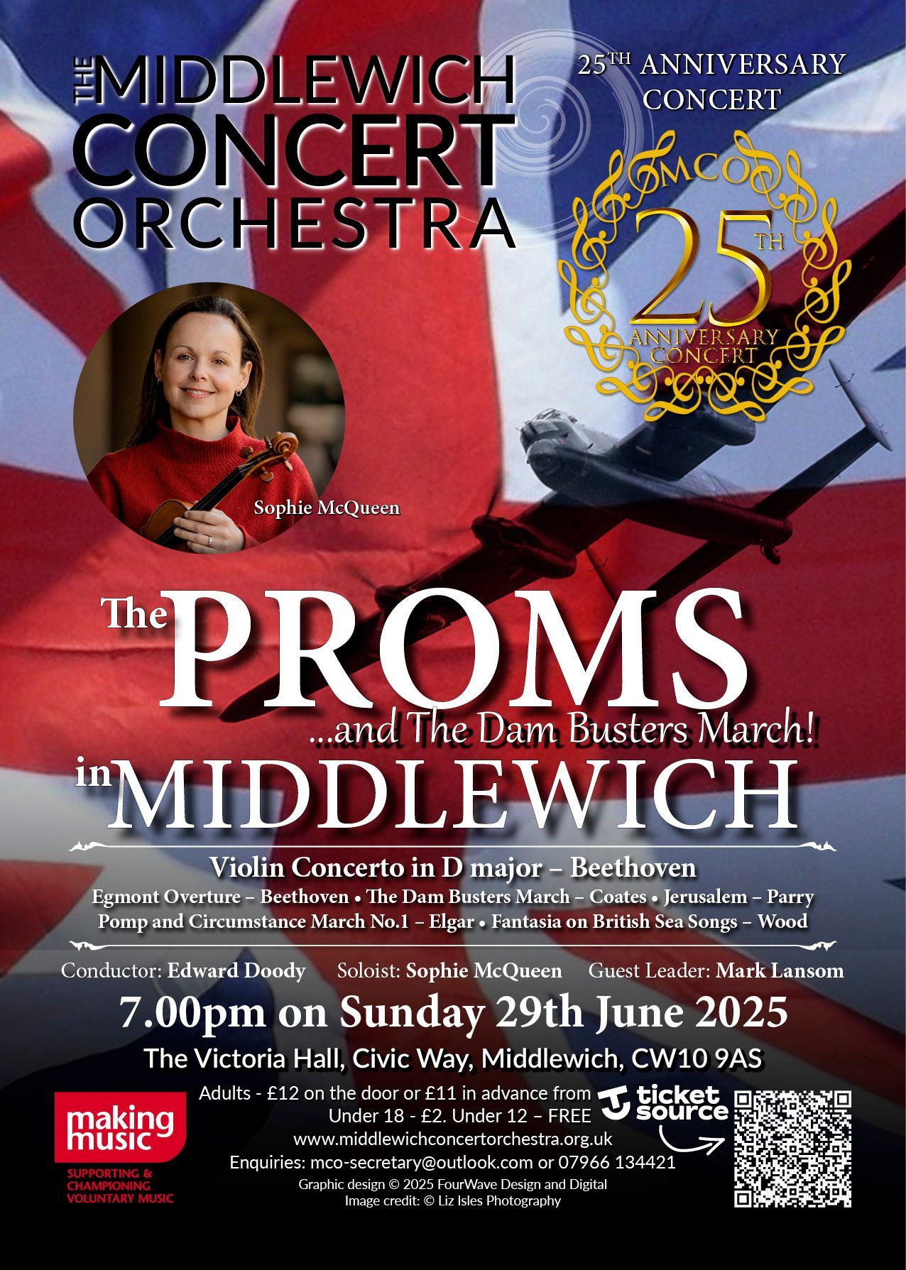 A poster promoting the Middlewich Concert orchestra performance of Summer 2025 ©Jac Lee of FourWave Design and Digital